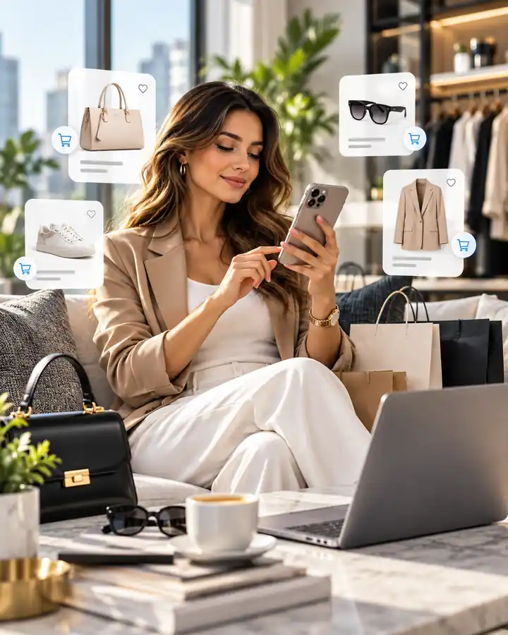 Woman browsing an online fashion store on her smartphone